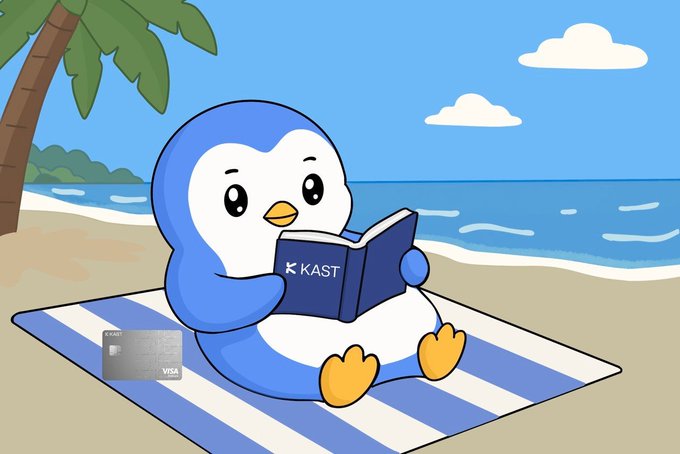 Cartoon illustration of a penguin sitting on a striped beach towel on a tropical beach, reading a book labeled 'KAST' with a Visa credit card resting beside it.