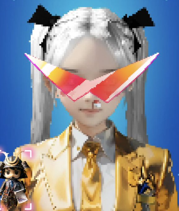 A pixelated character portrait of a girl with white hair and orange/red angular glasses wearing a gold suit, with smaller character icons in the corners against a blue background.