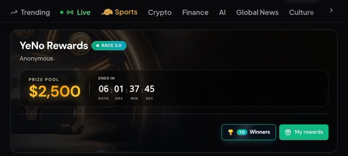 A dark-themed website banner promoting 'YeNo Rewards' with a prize pool of $2,500 and a countdown timer showing 06 days, 01 hours, 37 minutes, 45 seconds remaining, featuring 'Winners' and 'My rewards' buttons.