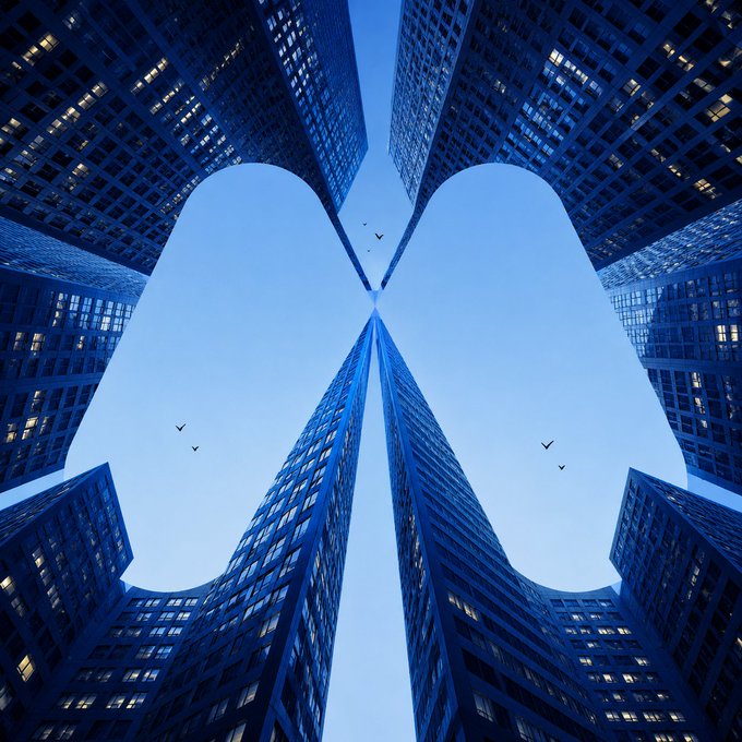 A mirrored, low-angle view of towering skyscrapers converging into a heart-shaped silhouette against a deep blue sky, with birds in flight symbolizing limitless horizons—visually reinforcing the post's message of a "city built on infinite possibilities."