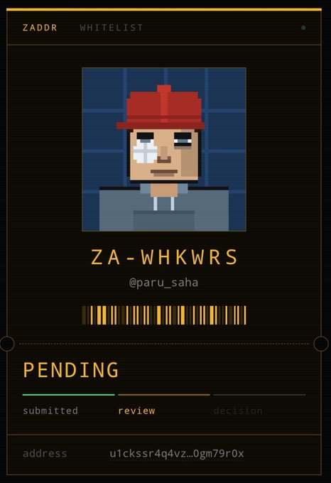 A digital whitelist application showing a pixel art avatar of a character with a red cap, labeled 'ZA-WHKWRS' with handle '@paru_saha' and status marked 'PENDING'.