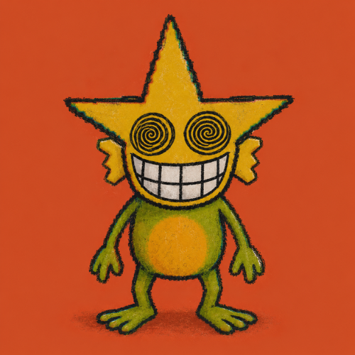 The image features a cartoon character, likely a frog or a monster, with a large star-shaped head and a big smile. The character appears to be wearing a hat that has a yellow color. The background of the image is orange, which contrasts with the green body of the character. There are no texts present in the image.