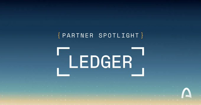 The image features a promotional graphic with a blue gradient background displaying the text "PARTNER SPOTLIGHT" above the large "LEDGER" logo, framed by bracket-style corner accents. This visually introduces Ledger as a featured integration partner for Arc, highlighting the security-focused collaboration mentioned in the post.