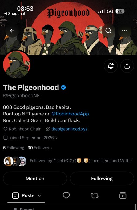 A Snapchat/Twitter profile page for 'The Pigeonhood' (@PigeonhoodNFT), described as '808 Good pigeons. Bad habits. Rooftop NFT game on @RobinhoodApp. Run. Collect Grain. Build your flock.' with 30 followers, joined September 2026.