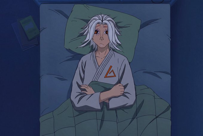 An anime character with white hair lies in bed looking awake, wearing a white robe with an orange triangle emblem. The image humorously depicts a groggy, sleepless Sunday morning that matches the post's tired "gm ct, happy sunday" greeting.