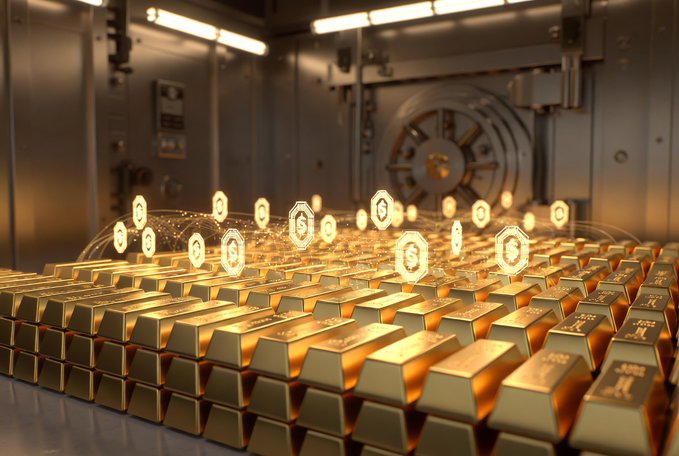 Stacks of gold bars sit inside a high-security vault, with glowing hex-shaped icons floating above them—symbolizing the tokenization of physical gold, as seen in Tether's XAUT, which is now being used as crypto-backed collateral through its partnership with Ledn.