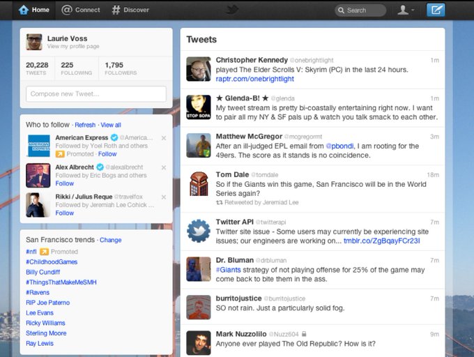 A Twitter profile page for "Laurie Voss" with 20,228 tweets, 225 following, and 1,795 followers, displaying tweets about topics like The Elder Scrolls V: Skyrim, football (49ers vs Giants), and Twitter site issues, alongside a "Who to follow" sidebar featuring American Express and trending topics like #NFL and #ChildhoodGames. The page reflects the 2012 Twitter interface with its distinctive blue/white layout, retro bird logo, and content featuring period-specific hashtags and trends.
