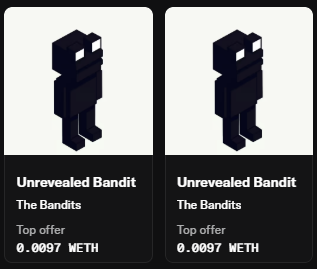 Two identical NFT listings for "Unrevealed Bandit" from the "The Bandits" collection, each showing a top offer of 0.0097 WETH.