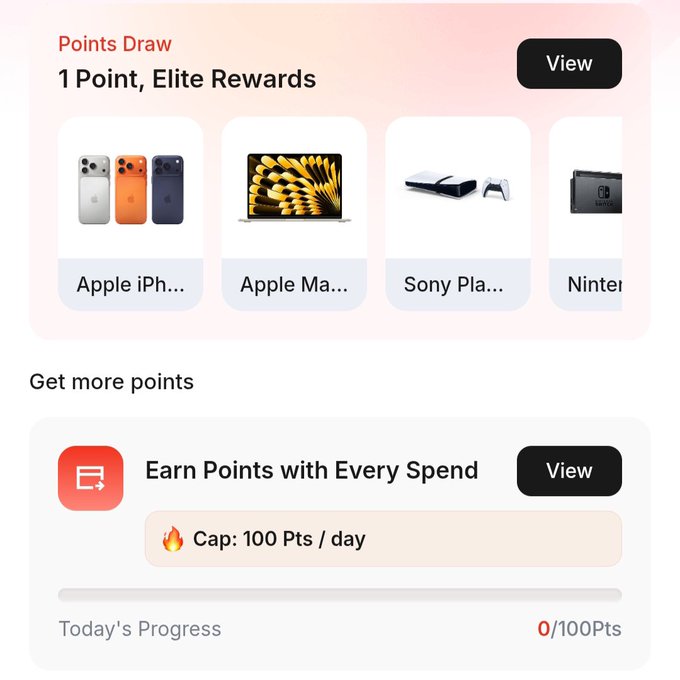 A screenshot of the RedotPay app showing the "Points Draw" section featuring elite rewards including an Apple iPhone, Apple MacBook, Sony PlayStation, and Nintendo, along with an "Earn Points with Every Spend" section displaying a daily cap of 100 points with 0/100Pts progress for the day. This visual supports the post's instructions on how to accumulate points through spending in order to participate in the points lucky draw and win prizes.