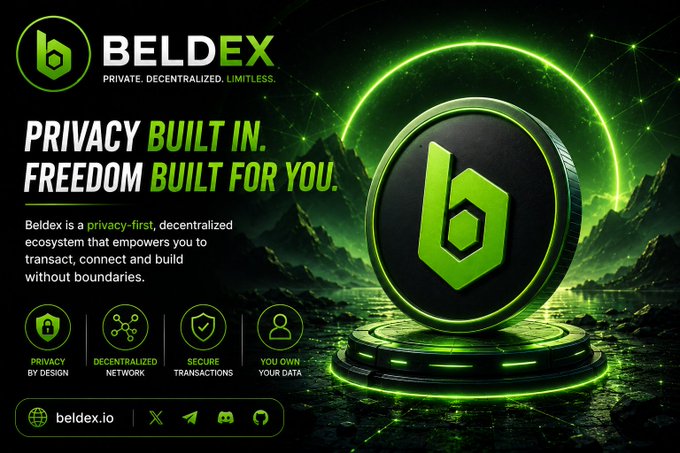 A promotional banner for 'BELDEX' featuring a green 3D coin with the tagline 'PRIVACY BUILT IN. FREEDOM BUILT FOR YOU.' and website beldex.io.