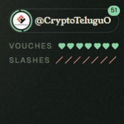 The image displays the Trust Wallet profile for @CryptoTelugu0, showing 51 vouches (represented by green hearts) and several slashes (represented by red marks), illustrating the vouching system referenced in the post about distributing additional vouches and slashes ahead of a snapshot.
