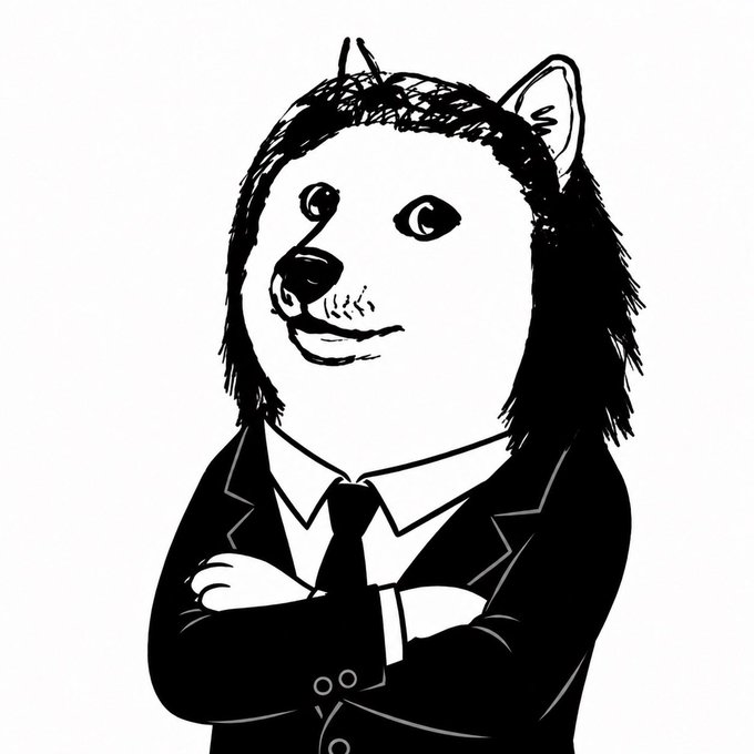 A black and white illustrated drawing of a dog-like creature with fluffy ears wearing a suit jacket and tie, standing with arms crossed.