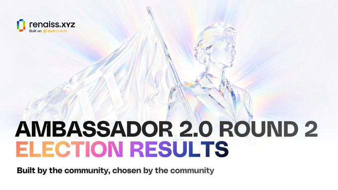 The image shows a poster with an illustration of a woman holding a flag and wearing a dress. The text on the poster reads "Ambassador 2.0 - Round 2 Election Results Built by the community, chosen by the community". This suggests that the poster is promoting the results of a recent election for regional ambassadors.