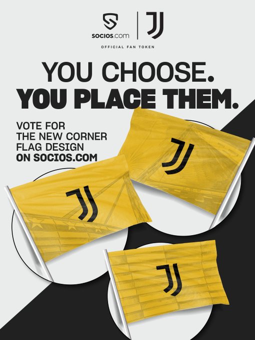 The image is a promotional graphic featuring Juventus' "JJ" logo in yellow on three corner flag designs, with text reading "YOU CHOOSE. YOU PLACE THEM. VOTE FOR THE NEW CORNER FLAG DESIGN ON SOCIOS.COM" alongside the Socios.com and Juventus logos. It encourages fans to participate in a fan token-powered vote to select Juventus' new corner flag design, directly supporting the post's call for fans to make their voices heard on Socios.com.