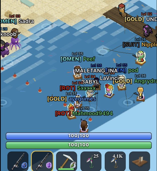 A screenshot of an isometric pixel-art fishing game shows multiple players with level tags like 'Lvl 35 [OMEN] Peef', 'Lvl 36 MALETANG', and '[GOLD] ayegrimes' standing around a blue body of water, with health bars and an inventory toolbar at the bottom.