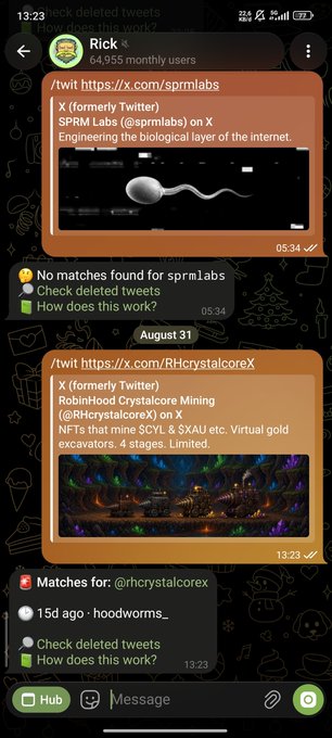 A Telegram chat screenshot with user 'Rick' (64,955 monthly users) showing two forwarded tweets from X about SPRM Labs and Robinhood Crystalcore Mining NFTs.