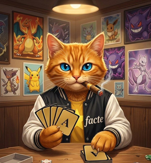 An orange tabby cat in a varsity jacket smokes a cigar while holding a fan of Ace cards, with "facte" visible on the jacket, surrounded by Pokémon posters in a dimly lit room—evoking the atmosphere of a seasoned collector showcasing prized cards, tying into the post's message about building a legendary collection on the right platform.
