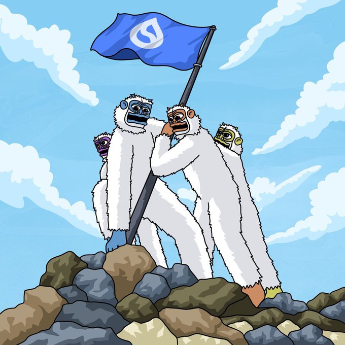 Cartoon illustration of four furry white yeti-like creatures with colorful faces planting a blue flag with an 'S' logo on a rocky mountain peak.