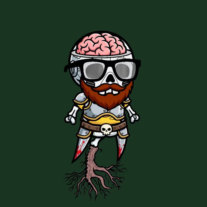 A cartoon skeleton warrior with an exposed brain, red beard, sunglasses, and armor stands rooted in tree roots against a green background.