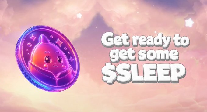 The image features a colorful coin with a cute face on it, which appears to have magical powers related to sleep. It has been placed above a white background that says "Get ready to get some SLEEP" in bold purple letters. This image is likely part of a promotional post or advertisement for an upcoming project involving the magical sleep coin. The text and design convey the idea that this token will help users achieve better sleep by unlocking various experiences or benefits within the system.