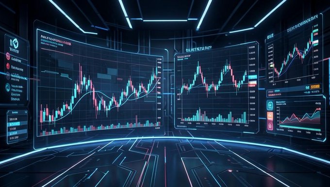 A futuristic digital display showing multiple stock trading charts with candlestick patterns in a high-tech, neon-lit room.