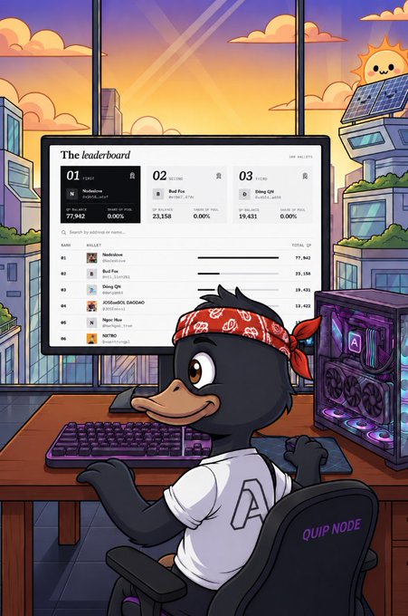 A cartoon illustration of a penguin wearing a bandana and 'A' shirt sitting at a gaming PC setup, viewing a leaderboard ranking wallets by '$AGNT' with top entries including 'MadonnaOn' (#01) and 'Bad Fox' (#02).