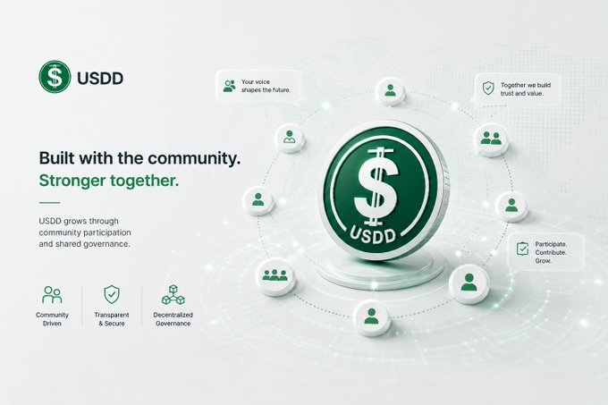 A USDD stablecoin promotional graphic with the tagline 'Built with the community. Stronger together,' highlighting community-driven, transparent & secure, and decentralized governance features.