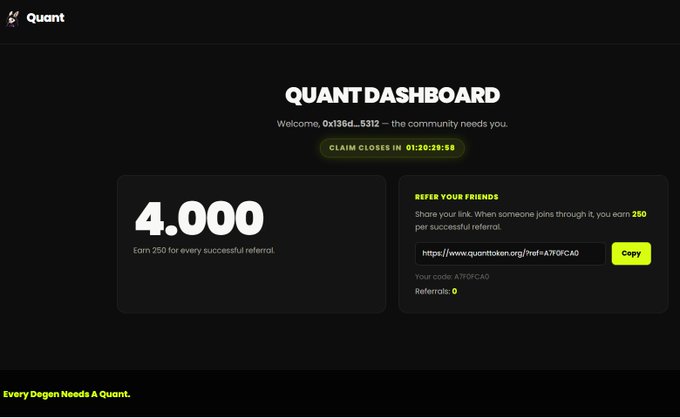 Quant Token dashboard interface showing '4.000' earnings and a referral program with code A7OFCAO for the user @x136d_5312.