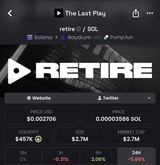 Mobile screenshot of the cryptocurrency token 'retire / SOL' on Solana via Raydium and Pump.fun, showing a price of $0.002706 and market cap of $2.7M.
