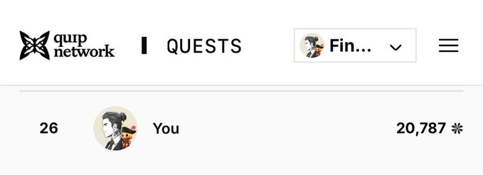 A webpage screenshot showing the 'qurp network' and 'QUESTS' header with a user profile labeled 'You' having a score of 20,787.