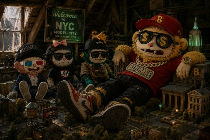 An artistic rendering of plush bear characters in streetwear and sunglasses in a 'BUUMEE NYC MODEL CITY' setting with miniature city buildings.