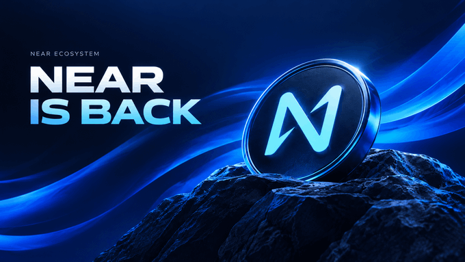 A promotional banner reads 'NEAR ECOSYSTEM - NEAR IS BACK' featuring a glowing 3D coin with the 'N' logo resting on dark rocks with blue light streaks.