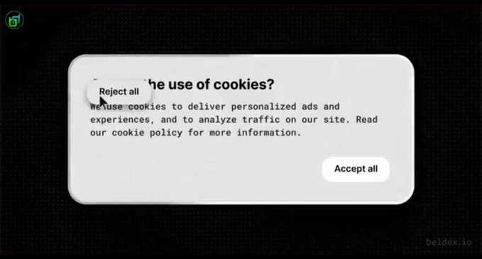 A close-up of a digital cookie consent pop-up on the Beldex.io website, featuring 'Reject all' and 'Accept all' buttons.