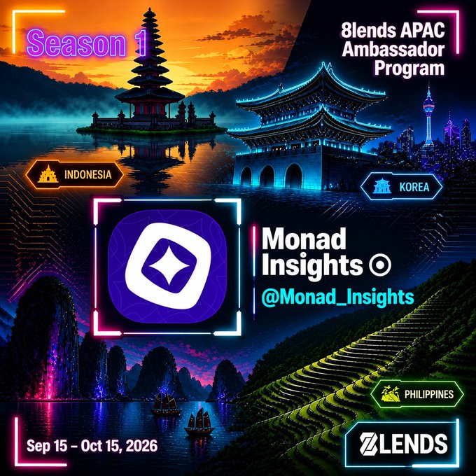 Promotional graphic for the '8lends APAC Ambassador Program' Season 1 featuring 'Monad Insights @Monad_Insights', highlighting Indonesia, Korea, and Philippines, running Sep 15 – Oct 15, 2026.