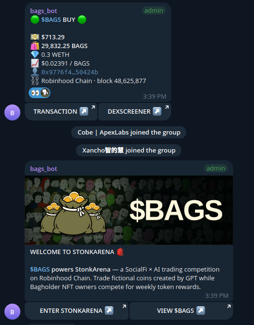 A Telegram chat screenshot showing the bags_bot with $BAGS token information (price $713.29, 29,832.25 BAGS, 0.3 WETH) on Robinhood Chain, displaying a welcome message for STONKARENA and notification that users Cobe and Xancho joined the group.