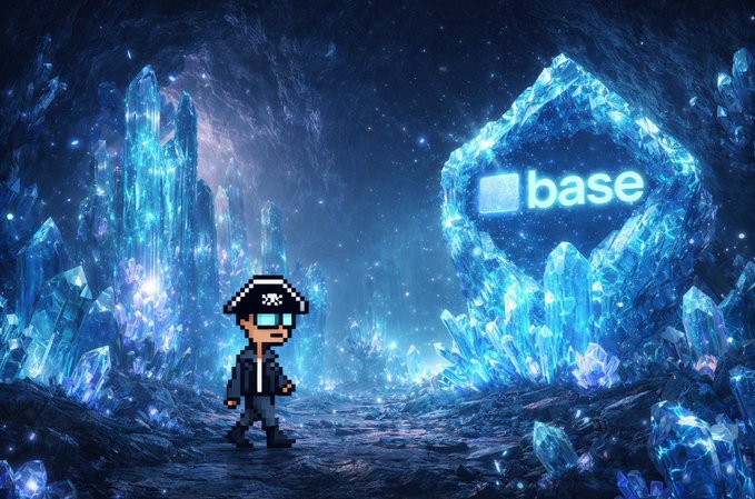 A pixel-art character wearing a black cap and sunglasses stands in a vibrant blue crystal cave, with the Coinbase logo hovering prominently on the right side.