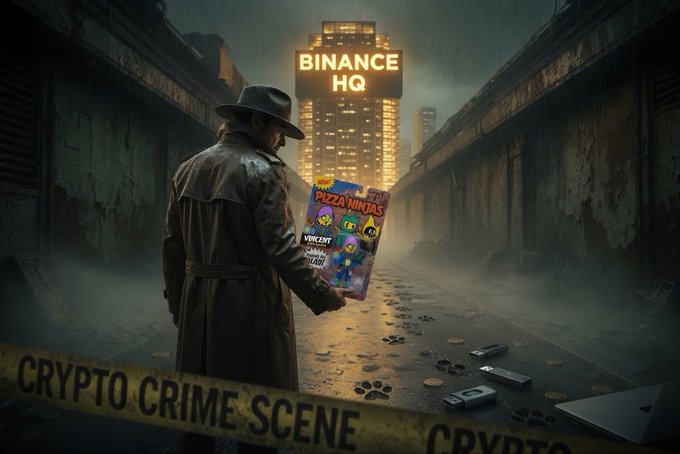 A dark, cinematic image of a figure in a trench coat and hat holding a 'Pizza Ninjas' phone graphic in front of the illuminated 'BINANCE HQ', with 'CRYPTO CRIME SCENE' tape across the bottom.
