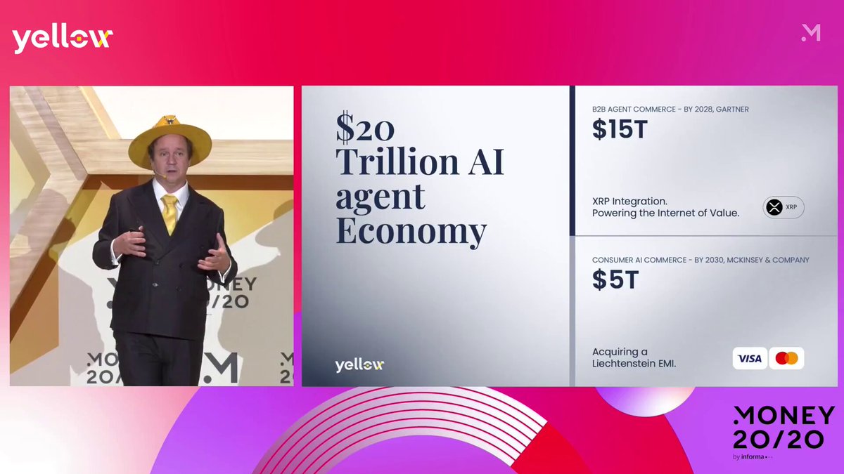 The image shows a man wearing a hat standing next to some text. The focus of this image seems to be related to the concept or idea behind using the color yellow for value, which appears to connect with the concept of bringing the Internet of Value to agentic payments processes. It's unclear what is specifically being emphasized in the image, but it could potentially be related to a particular feature or product offered by Yellow that relates to this theme.
