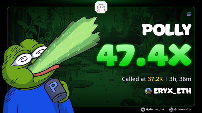 A cartoon image of Pepe the Frog with a high "POLLY" score of 47.4X, credited to "ERYX_ETH", generated via @phanes.bot.