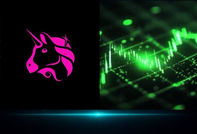 A pink unicorn logo (representing Uniswap) is displayed on the left against a black background, alongside a green-toned image of a trading chart on the right, visually illustrating the article's focus on Uniswap leading tokenized stock DEX volume.