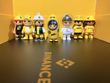 A lineup of Binance-themed figurines is displayed against a yellow backdrop, with the 'BINANCE' logo visible on the table surface in front of them.