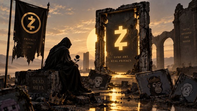 A dark, dystopian digital artwork shows a cloaked figure sitting on a tombstone labeled 'DEAD META' next to a crumbling archway displaying a glowing 'Z' logo and text reading 'PRIVACY LIVES ON' and 'SAME ART. REAL PRIVACY.'