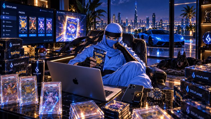 A highly stylized digital illustration of a figure in blue Arab attire surrounded by Pokémon trading cards, 'SOULFLARE' branded merchandise, Apple devices, and a German Shepherd, with a Dubai skyline at night in the background.