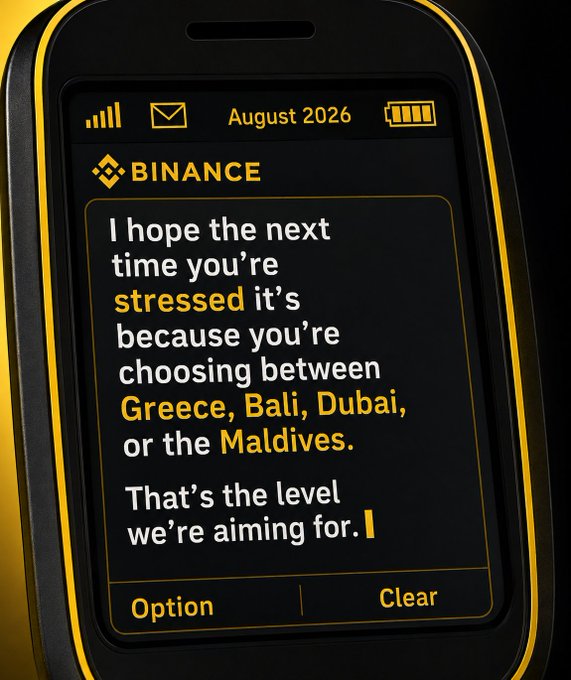 The image shows a phone screen displaying a Binance message dated August 2026 with motivational text: "I hope the next time you're stressed it's because you're choosing between Greece, Bali, Dubai, or the Maldives. That's the level we're aiming for." This luxury-focused motivational message from Binance aligns with the post's "Happy Tuesday, Keep Hustling!" sentiment by encouraging followers to push through hard work in pursuit of an aspirational lifestyle of wealth and travel.