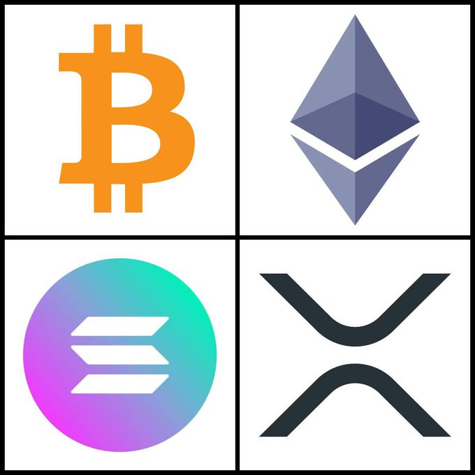 The image displays the logos of four cryptocurrencies in a 2x2 grid: Bitcoin (BTC) in orange at the top left, Ethereum (ETH) in blue-gray at the top right, Solana (SOL) in a gradient purple-green circle at the bottom left, and XRP with its signature "X" symbol in dark gray at the bottom right. This visual aligns with the post highlighting significant U.S. ETF inflows for these exact four cryptocurrencies, with Bitcoin leading at +$433M and XRP trailing at +$43M over 24 hours.