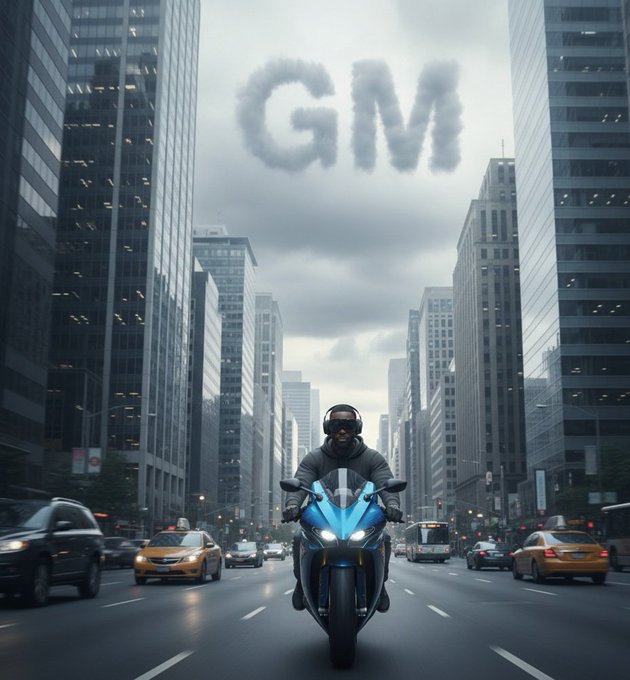 A digitally edited image showing a motorcyclist riding through a city street between skyscrapers, with the letters 'GM' formed by clouds in the overcast sky.