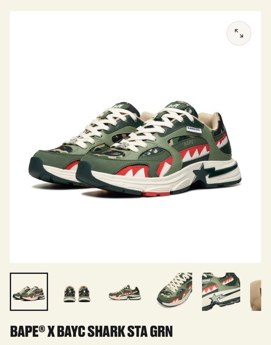 A product display shows the BAPE® X BAYC SHARK STA GRN sneakers, featuring a military green upper with the iconic BAPE shark teeth design in red and white, along with the BAYC logo on the side. The image showcases multiple angles of the collaboration sneakers, highlighting their bold shark mouth graphic and star detailing on the heel.