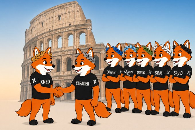 An illustration of seven anthropomorphic fox characters in black X shirts standing in front of the Colosseum, with names labeled including XNEO, XLEADER, Olastar, Queen, QUILO, SBM, and SkyB.