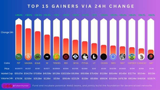 A bar chart titled 'TOP 15 GAINERS VIA 24H CHANGE' showing cryptocurrencies like PEP (+48.6%), MAGMA, BONE, RE, TENDIES, RED, SKYAI, PYTHA, LIT, OCEAN, SERV, NEET, FARTBOY, CASHCAT, and MET, sourced from TokenHunter.