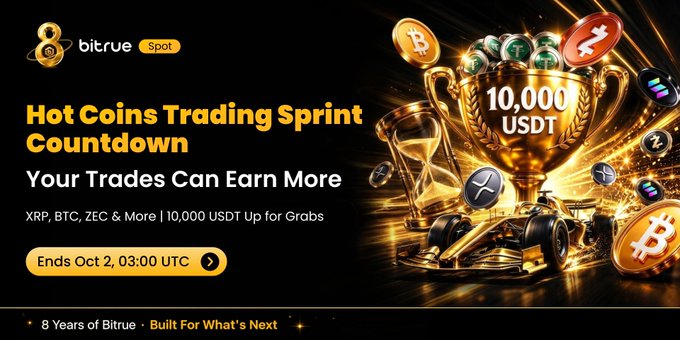 A promotional banner for Bitrue's "Hot Coins Trading Sprint Countdown" featuring a golden trophy and race car imagery, advertising a 10,000 USDT prize pool for trading XRP, BTC, ZEC and more, ending Oct 2 at 03:00 UTC. The image visually reinforces the post's message by highlighting the urgency ("Countdown") and the prize amount alongside racing-themed graphics symbolizing fast, competitive trading.